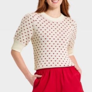NEW Women's Universal Thread Heart Sweater White Red Short Sleeve Oversized
